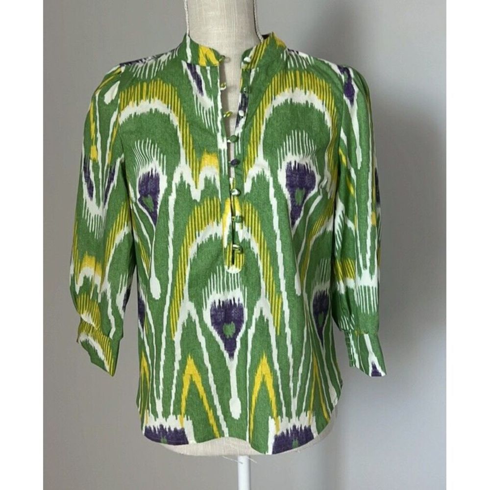 Anthropologie Sharona Henley Colorful Printed Blouse Green Purple White XS‎